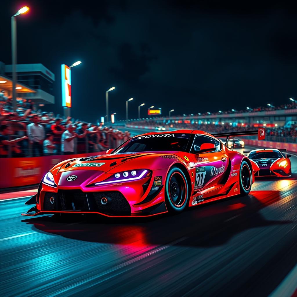 A vibrant scene depicting a Toyota Supra racing in the 24 Hours of Le Mans, illuminated by colorful neon lights