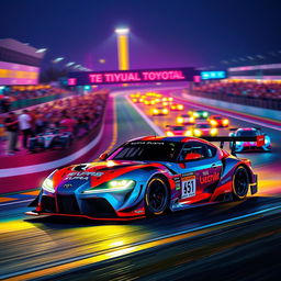 A vibrant scene depicting a Toyota Supra racing in the 24 Hours of Le Mans, illuminated by colorful neon lights