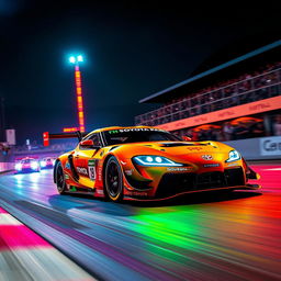 A vibrant scene depicting a Toyota Supra racing in the 24 Hours of Le Mans, illuminated by colorful neon lights