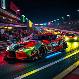 A vibrant scene depicting a Toyota Supra racing in the 24 Hours of Le Mans, illuminated by colorful neon lights