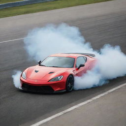 A fast-paced sports car majestically drifting on a race track, leaving a trail of smoke behind.