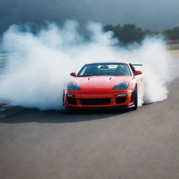 A fast-paced sports car majestically drifting on a race track, leaving a trail of smoke behind.