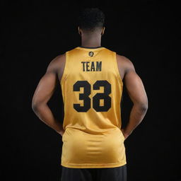 Front and back view of a basketball jersey showcasing a combination of rich gold and contrasting black. The striking design includes the golden team logo on the front and player's number on the back, both standing out against the black backdrop.