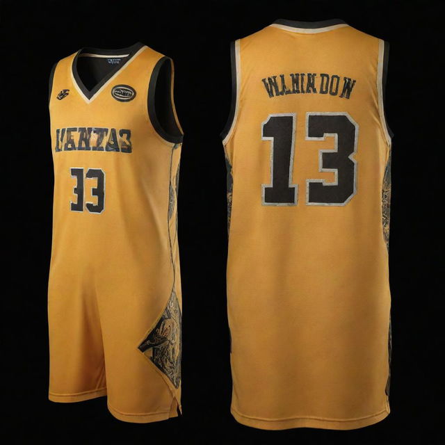 Front and back view of a basketball jersey showcasing a combination of rich gold and contrasting black. The striking design includes the golden team logo on the front and player's number on the back, both standing out against the black backdrop.