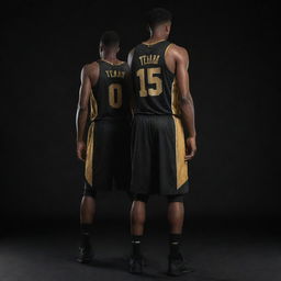 Front and back view of a basketball jersey showcasing a combination of rich gold and contrasting black. The striking design includes the golden team logo on the front and player's number on the back, both standing out against the black backdrop.