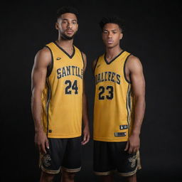 Front and back view of a basketball jersey showcasing a combination of rich gold and contrasting black. The striking design includes the golden team logo on the front and player's number on the back, both standing out against the black backdrop.