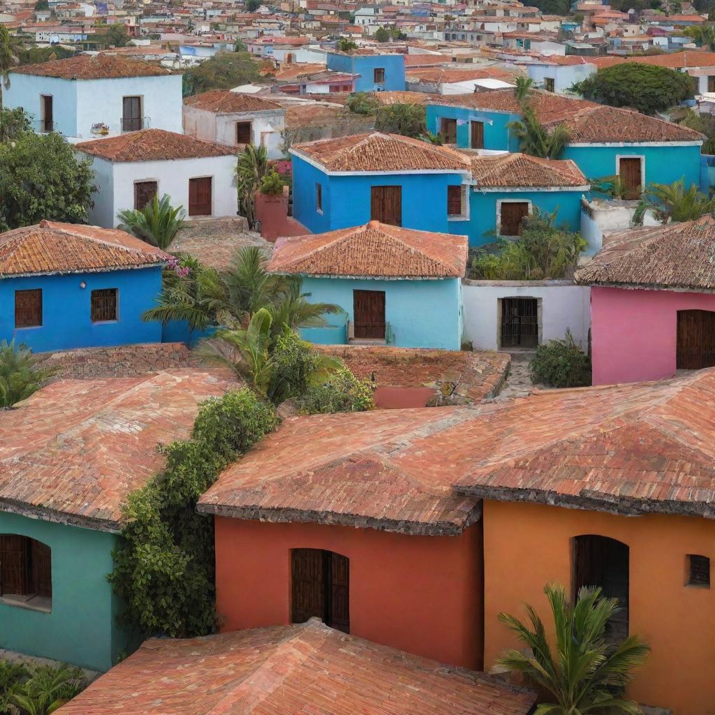 A serene stack of colorful Mexican homes nestled in lush tropical paradise, characterized by vibrant hues, terracotta roofs, and cobblestone streets invoking the essence of Coco's paradise.