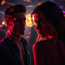 A dramatic scene in a vibrant nightclub, focusing on two characters: Dylan and Megan