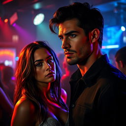 A dramatic scene in a vibrant nightclub, focusing on two characters: Dylan and Megan