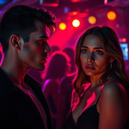 A dramatic scene in a vibrant nightclub, focusing on two characters: Dylan and Megan