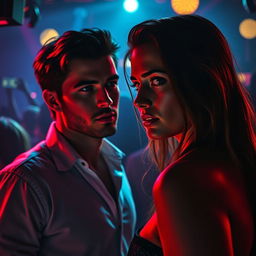 A dramatic scene in a vibrant nightclub, focusing on two characters: Dylan and Megan