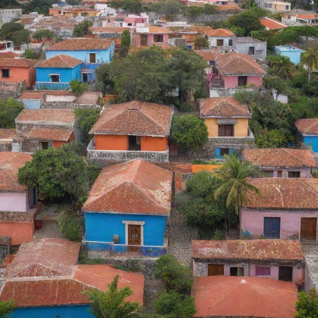 A serene stack of colorful Mexican homes nestled in lush tropical paradise, characterized by vibrant hues, terracotta roofs, and cobblestone streets invoking the essence of Coco's paradise.