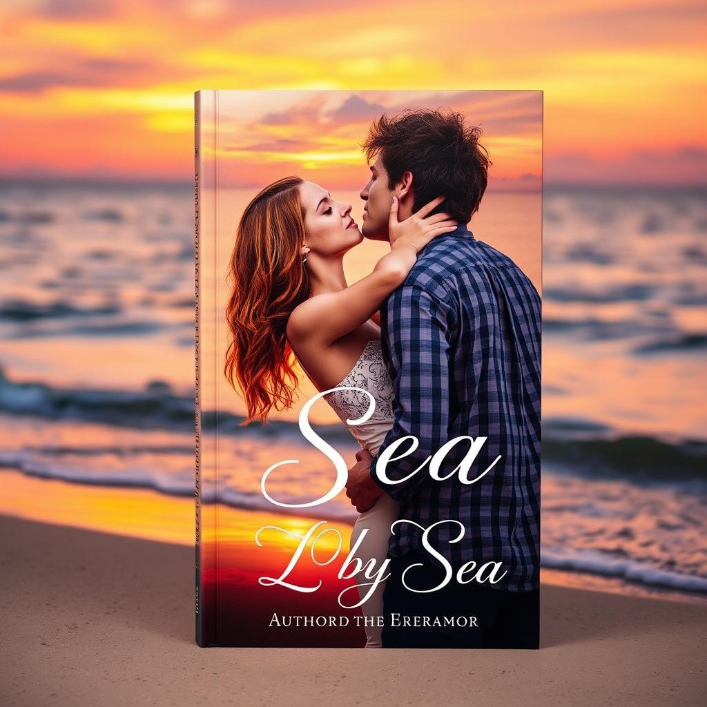 A captivating book cover depicting a couple passionately kissing by the sea at sunset