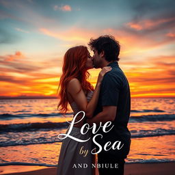 A captivating book cover depicting a couple passionately kissing by the sea at sunset