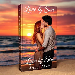 A captivating book cover depicting a couple passionately kissing by the sea at sunset