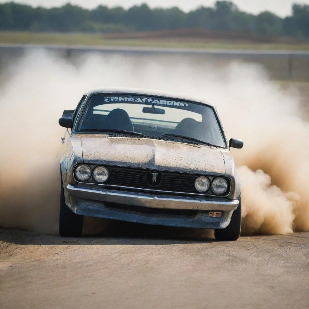 A legendary FR (Front Engine, Rear Wheel Drive) car in a dynamic drifting action scene on a race track, throwing up dust and debris