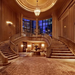 An exquisite living room, featuring a state-of-the-art curved television positioned elegantly by the stylish staircase amidst lavish decor.