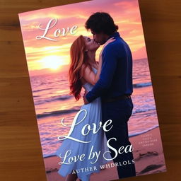 A captivating book cover depicting a couple passionately kissing by the sea at sunset