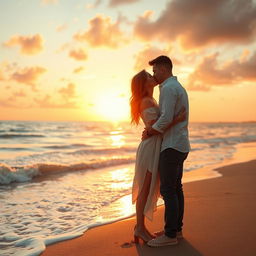 A serene and romantic scene of a couple locked in a tender kiss by the sea