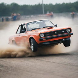 A legendary FR (Front Engine, Rear Wheel Drive) car in a dynamic drifting action scene on a race track, throwing up dust and debris