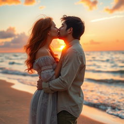 A serene and romantic scene of a couple locked in a tender kiss by the sea