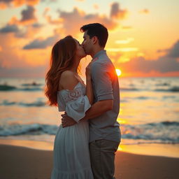 A serene and romantic scene of a couple locked in a tender kiss by the sea