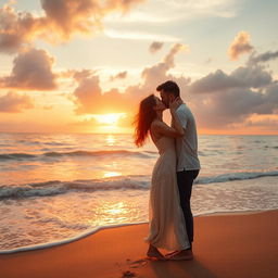 A serene and romantic scene of a couple locked in a tender kiss by the sea