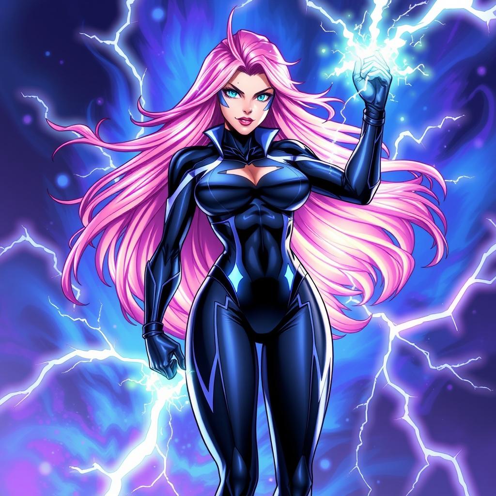 A character named Electra, depicted as a powerful female superhero wielding energy pulsations