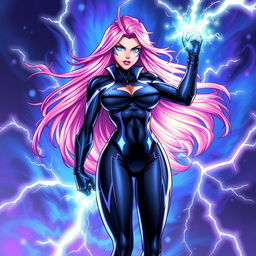 A character named Electra, depicted as a powerful female superhero wielding energy pulsations