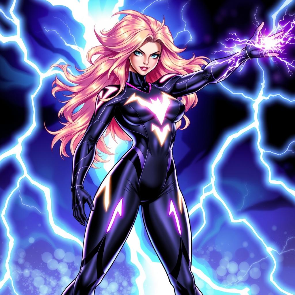 A character named Electra, depicted as a powerful female superhero wielding energy pulsations