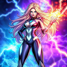 A character named Electra, depicted as a powerful female superhero wielding energy pulsations