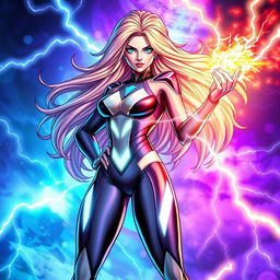 A character named Electra, depicted as a powerful female superhero wielding energy pulsations