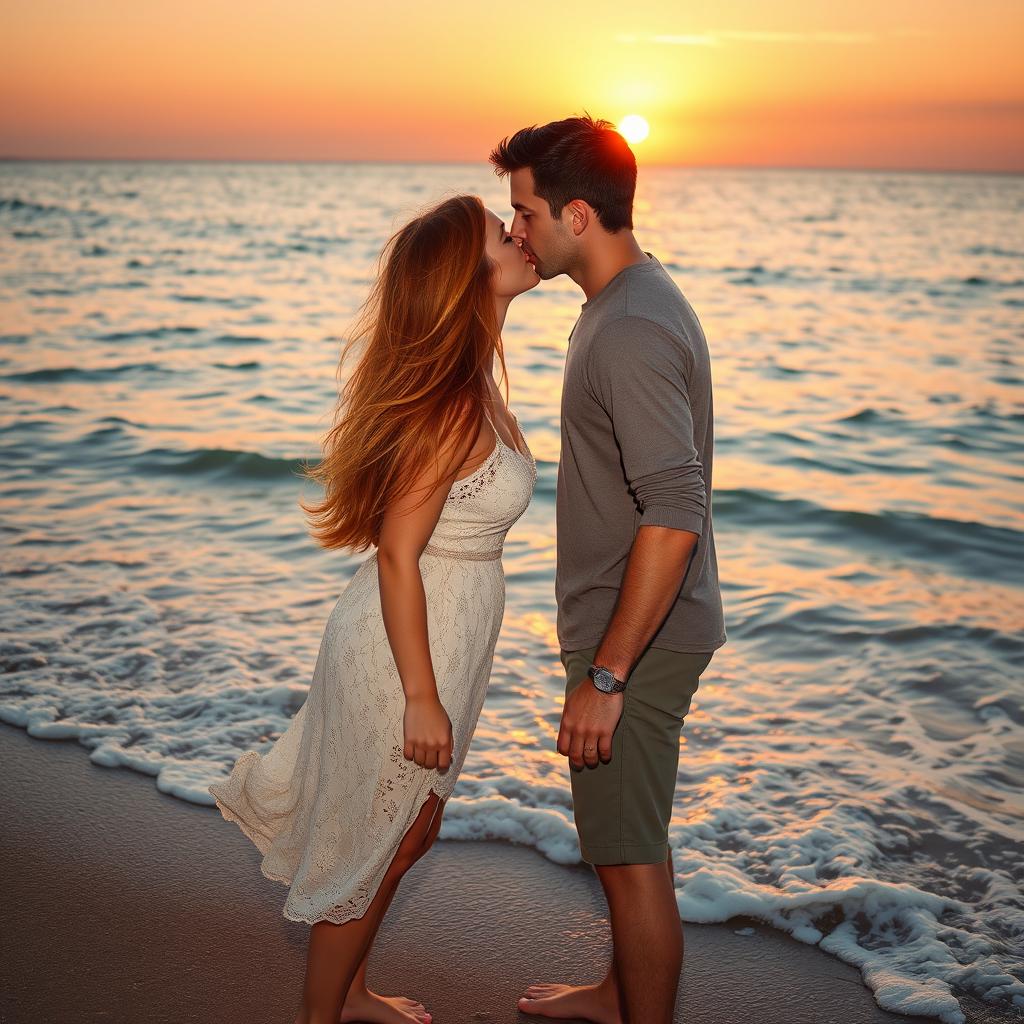 A romantic scene of a couple sharing a passionate kiss by the tranquil sea