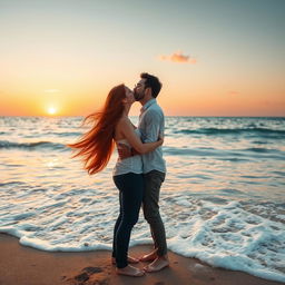 A romantic scene of a couple sharing a passionate kiss by the tranquil sea