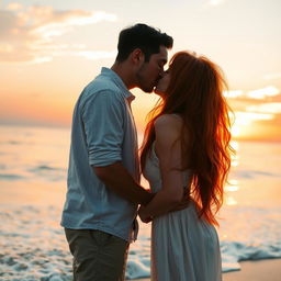 A romantic scene of a couple sharing a passionate kiss by the tranquil sea