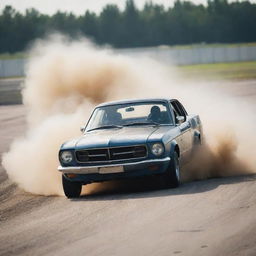 A legendary FR (Front Engine, Rear Wheel Drive) car in a dynamic drifting action scene on a race track, throwing up dust and debris