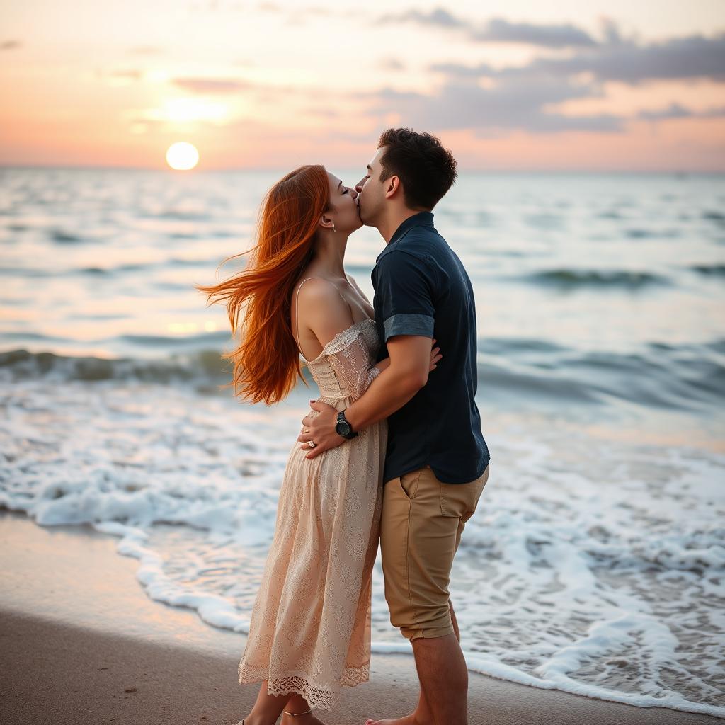 A romantic scene of a couple sharing a passionate kiss by the tranquil sea