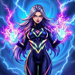 A character named Electra, envisioned as a striking superhero with vibrant, colorful energy pulsations emanating from her hands