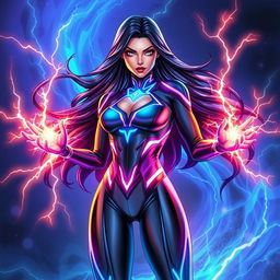 A character named Electra, envisioned as a striking superhero with vibrant, colorful energy pulsations emanating from her hands