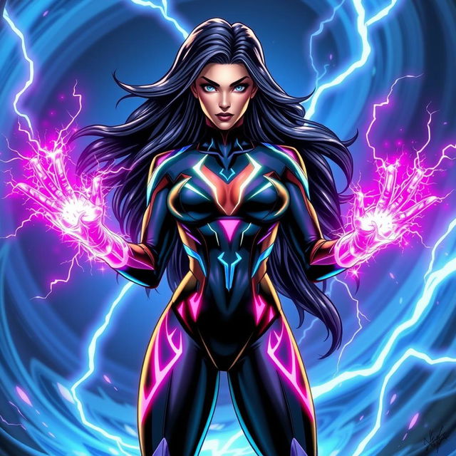 A character named Electra, envisioned as a striking superhero with vibrant, colorful energy pulsations emanating from her hands