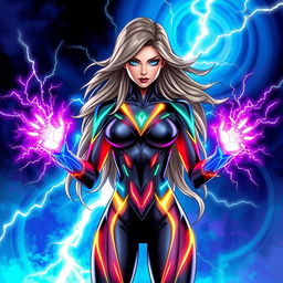 A character named Electra, envisioned as a striking superhero with vibrant, colorful energy pulsations emanating from her hands