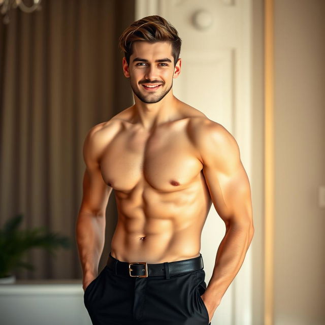 A handsome, sexy man standing confidently without a shirt, wearing sleek black dress pants with an open belt, showcasing a toned physique