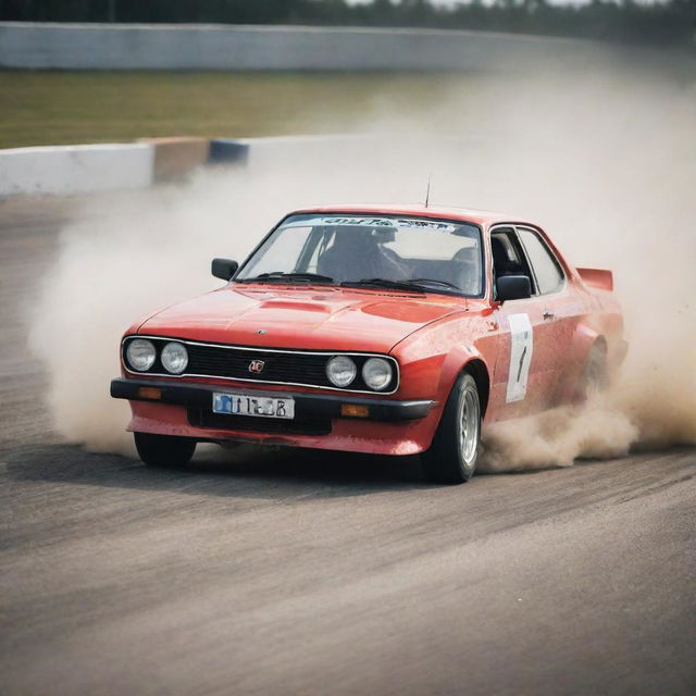 A legendary FR (Front Engine, Rear Wheel Drive) car in a dynamic drifting action scene on a race track, throwing up dust and debris