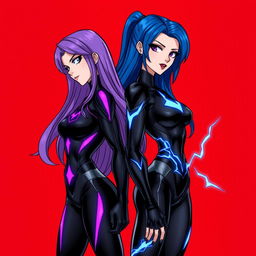 A stylized illustration of two female superheroes standing back to back