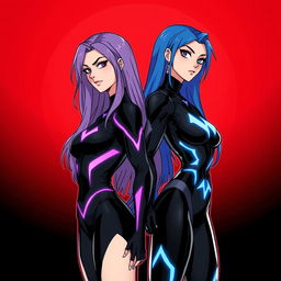 A stylized illustration of two female superheroes standing back to back