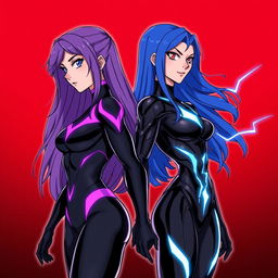 A stylized illustration of two female superheroes standing back to back