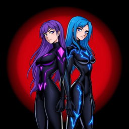 A stylized illustration of two female superheroes standing back to back