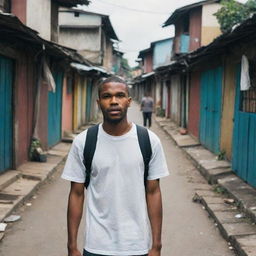 Frank Ocean exploring the slums of the Philippines, whilst interacting with locals, with a backdrop of narrow alleys and colorful makeshift houses.