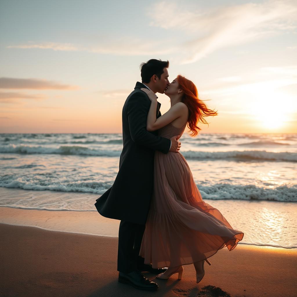 A romantic scene capturing a couple kissing passionately by the sea