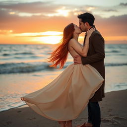 A romantic scene capturing a couple kissing passionately by the sea